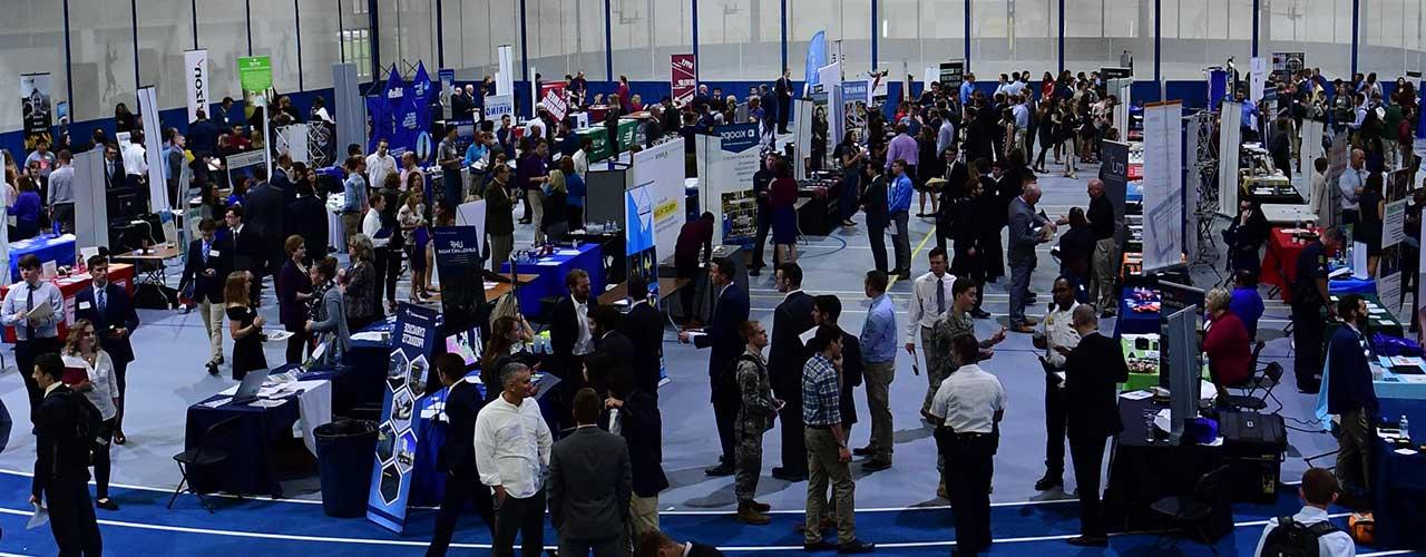 Recruiters from nearby companies talk with students during Cedarville's annual career fair